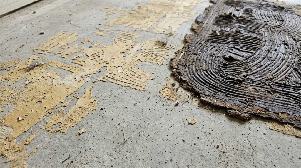 Old yellow carpet glue residue and dark adhesive on a concrete slab before installing peel-and-stick vinyl tile.