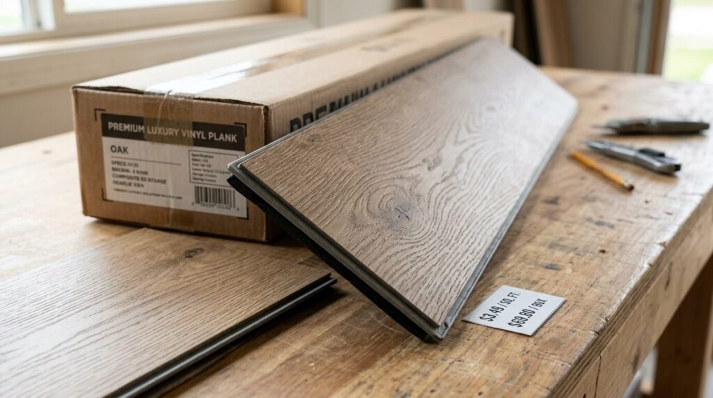 Box of premium oak luxury vinyl plank flooring with a precise price tag of $3.49 per square foot.
