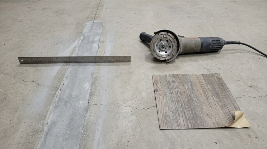 An angle grinder with a diamond cup wheel next to a smooth filled concrete crack, ruler, and self-adhesive vinyl tile.