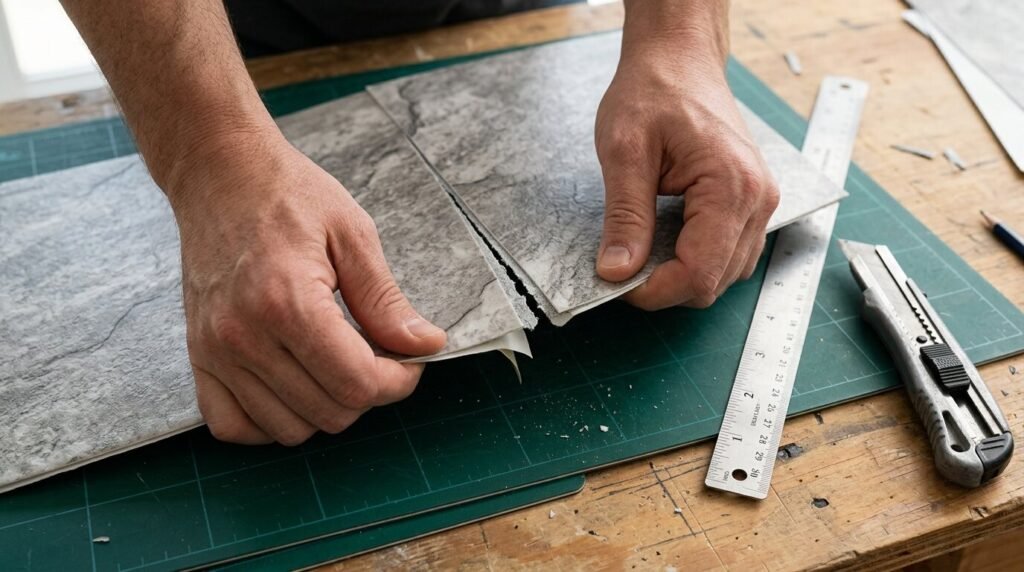 DIY installer bending a scored slate-look peel-and-stick tile along the cut line to snap it cleanly over a green cutting mat.