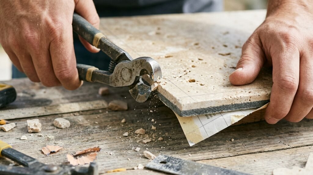 Hands using heavy-duty tile nippers to carefully clip away small edges of a thick stone peel-and-stick tile over a wooden workbench.