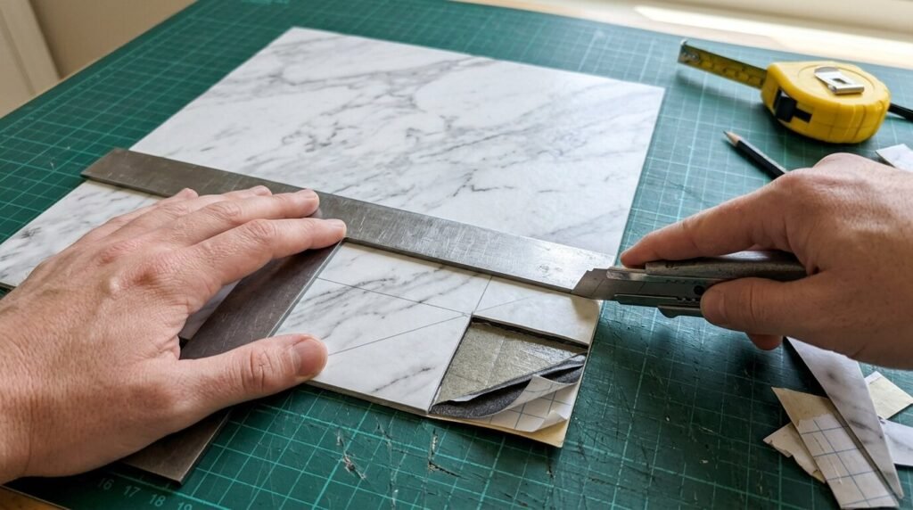 Slicing a square notch out of a marble peel-and-stick vinyl tile using a metal square ruler and utility knife to fit around a wall corner.