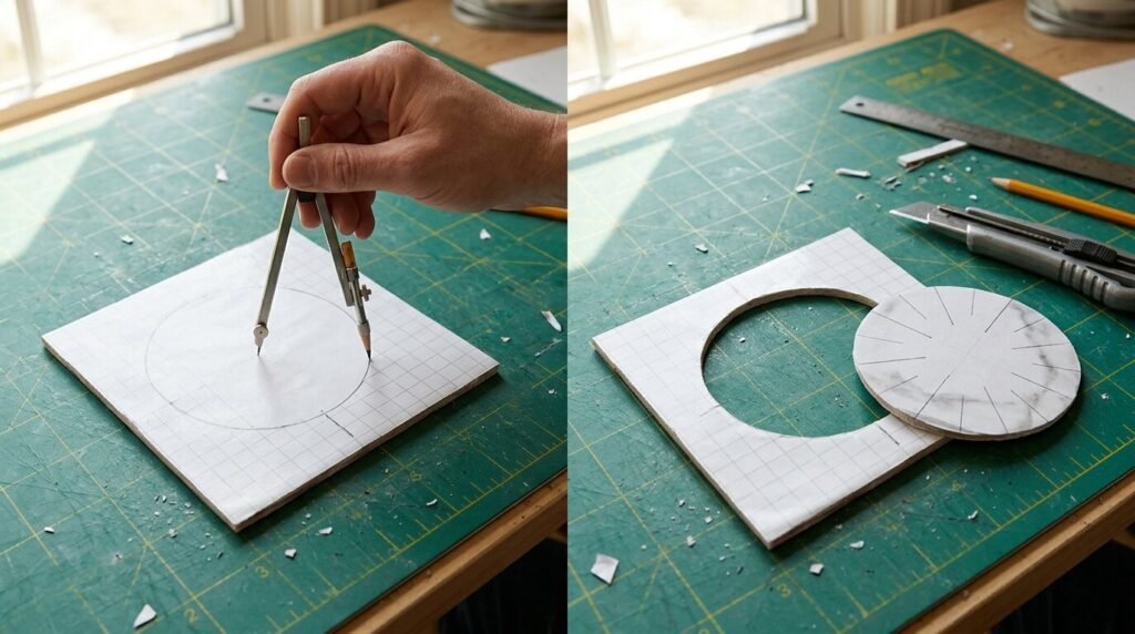 Drawing a precise circle on the grid backing of a peel-and-stick tile using a drafting compass before cutting out the round opening.