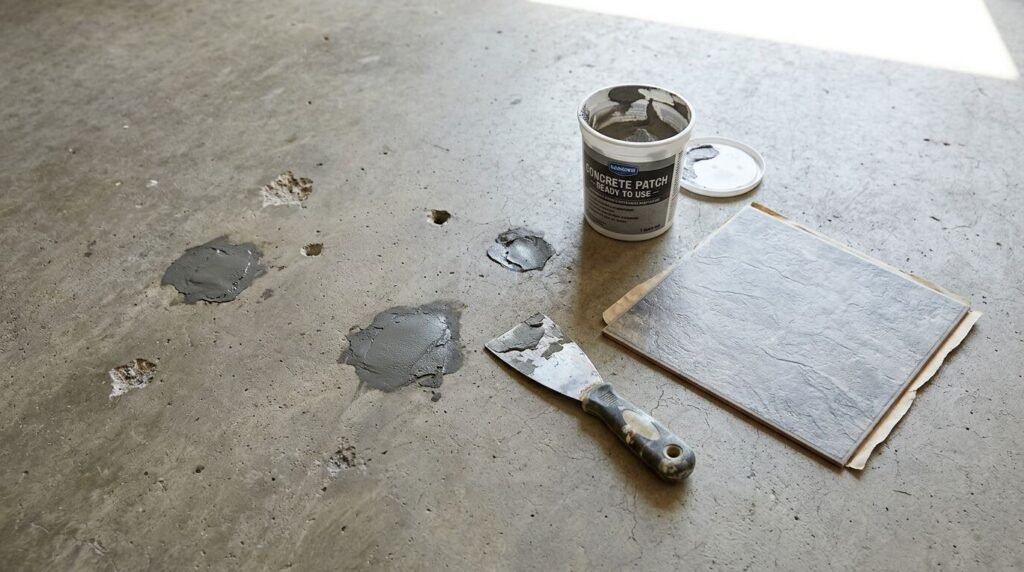 Freshly patched spots on a concrete slab next to a container of ready-to-use concrete patch, scraper, and peel and stick tile.