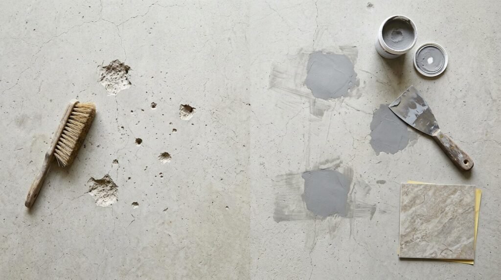 Unfilled holes in concrete on the left side and smooth gray patches with tools on the right side.   