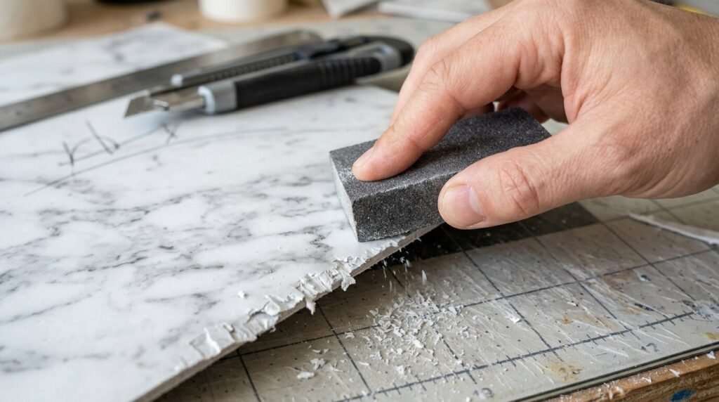 Using a fine-grit sanding block to smooth down rough, jagged edges on a freshly cut marble peel-and-stick tile edge over a worktable.