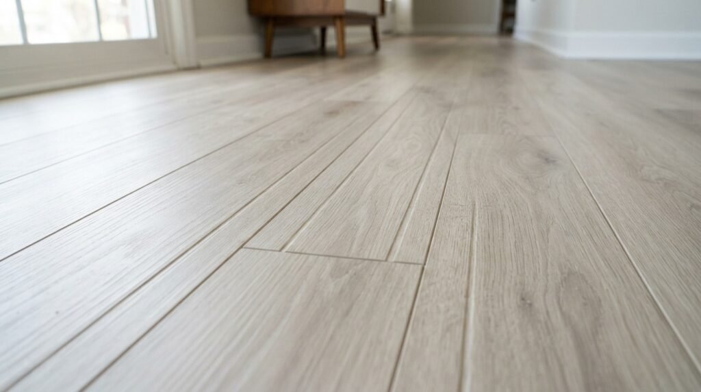 Close-up of seams between hardwood floor planks that may affect peel and stick tile installation