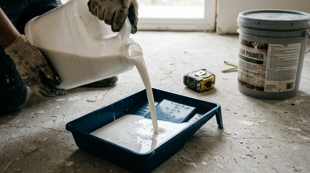 Pouring concrete floor primer into a paint tray