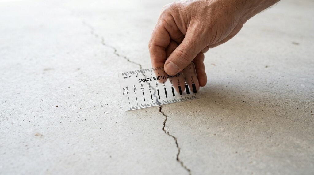 Hand holding a transparent crack gauge card against a thin split in a concrete slab.