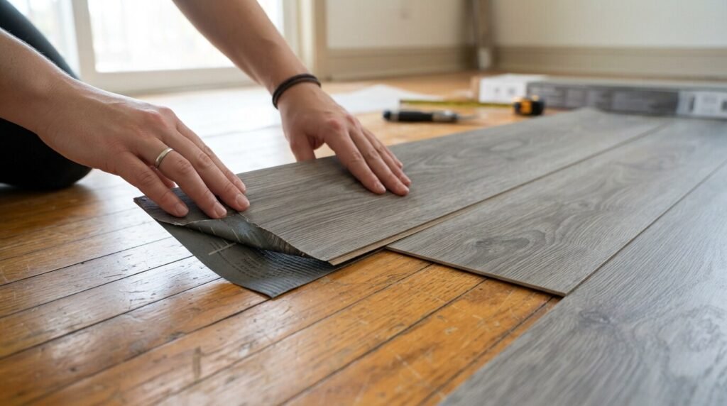 Person installing peel and stick floor tiles over existing hardwood flooring