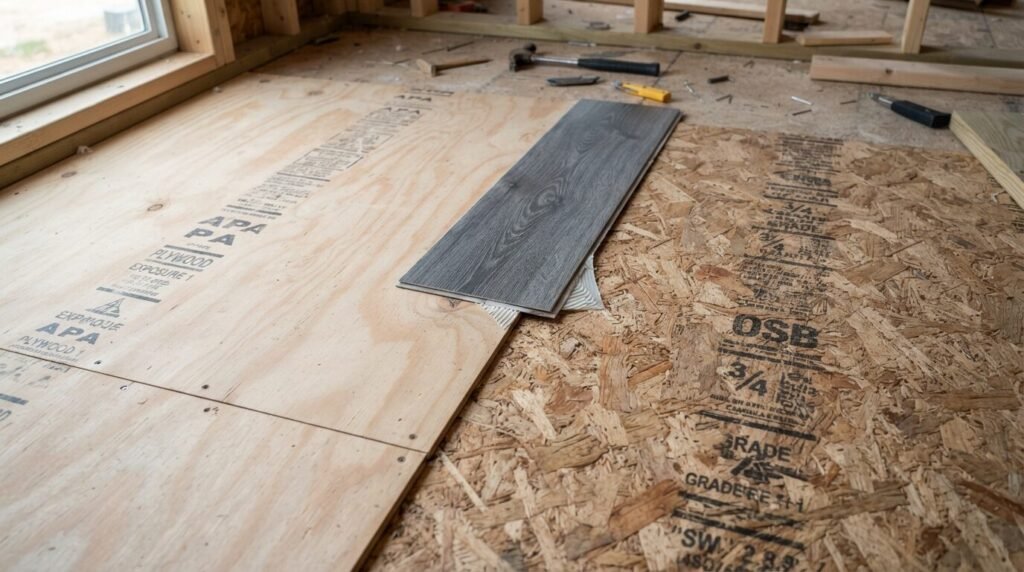 Plywood and OSB subfloors compared for peel and stick floor tile installation. 