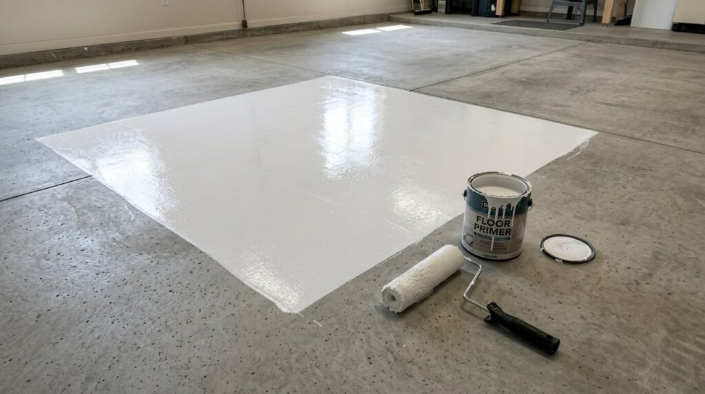 Concrete floor coated with white primer for peel and stick tiles