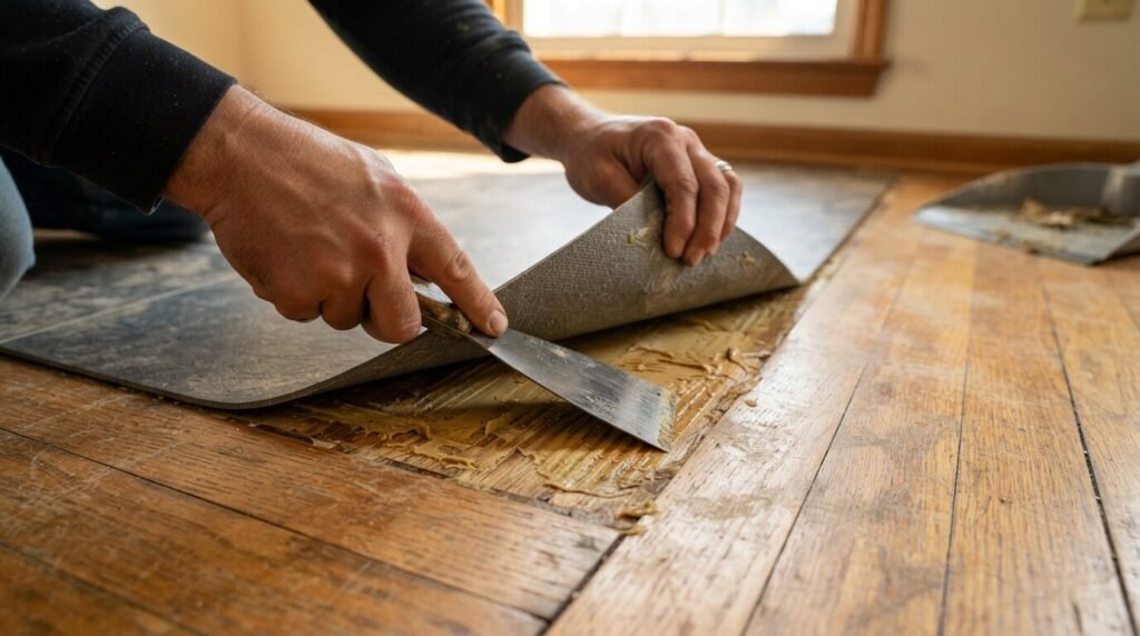 Person removing self adhesive flooring from hardwood with a scraper