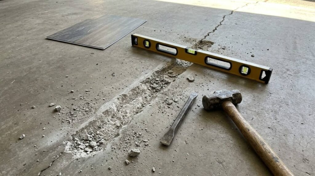 A hammer, chisel, and yellow spirit level resting next to a broken concrete crack on a garage or room subfloor.