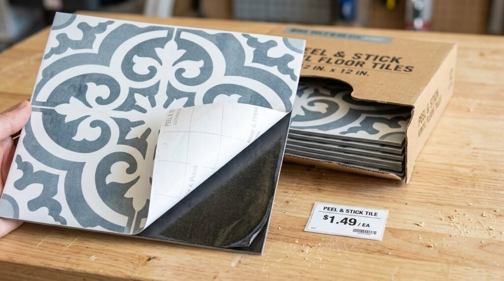 Hand holding a decorative patterned self-adhesive floor tile with a price tag showing $1.49 each.