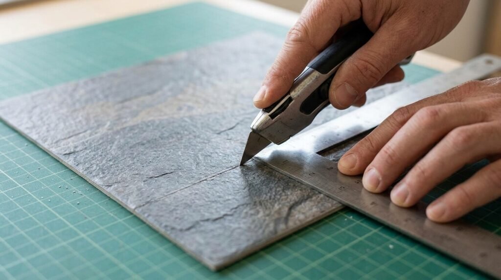 Tracing a straight cut line across textured slate vinyl tile using a utility knife pressed firmly against a metal square, to avoid any crack or faulty cut. 