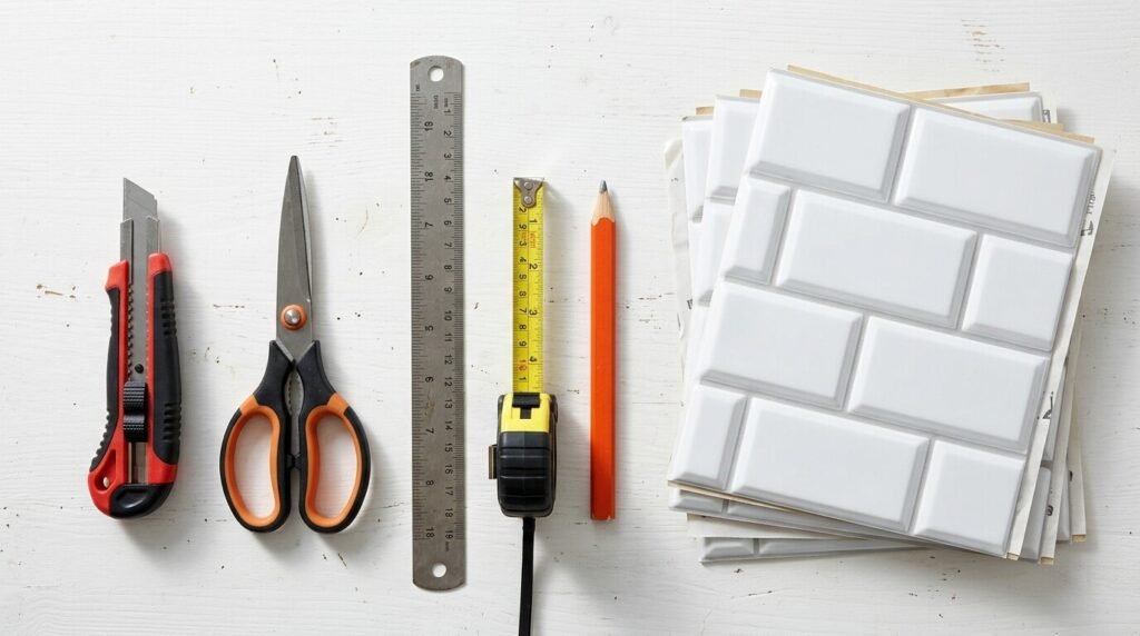 Essential layout tools including a utility knife, heavy-duty scissors, steel ruler, tape measure, pencil, and white subway-style peel-and-stick tiles laid out on a table.