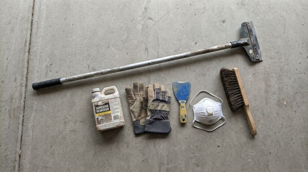 Long-handled floor scraper, adhesive remover chemical, work gloves, putty knife, dust mask, and hand broom on concrete.