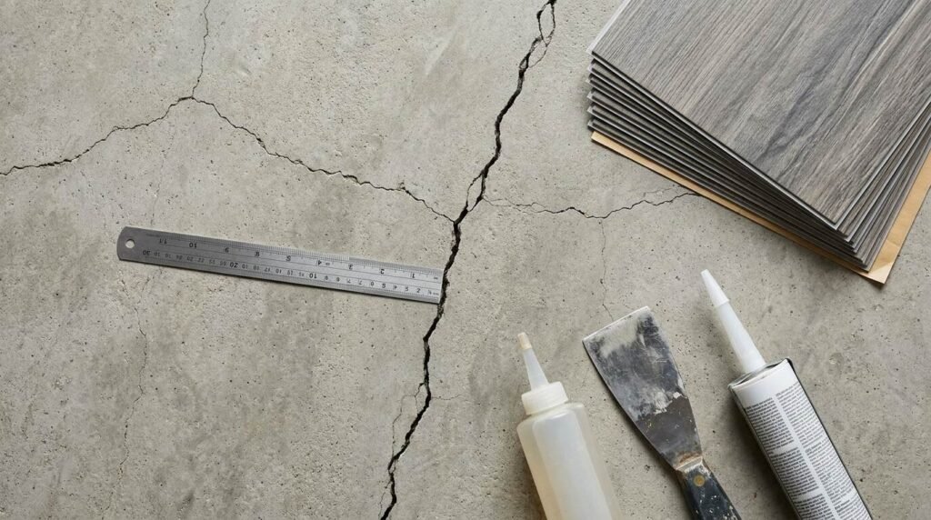 Top-down view showing spiderweb and main cracks in cement subfloor next to wood-look vinyl planks, metal ruler, putty scraper, and sealant squeeze tubes. 