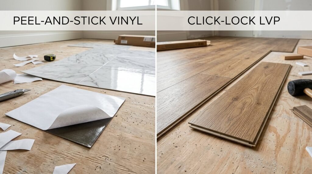 Side-by-side comparison with text labels: a marble patterned sticky tile vs. a wood grain inter-locking plank.