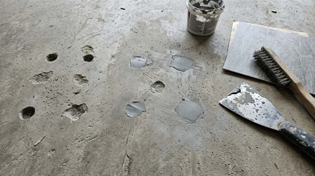 Small holes in a concrete floor next to patched spots, a putty knife, wire brush, and patch container.