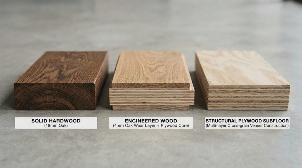 Comparison of solid hardwood, engineered wood, and structural plywood flooring layers