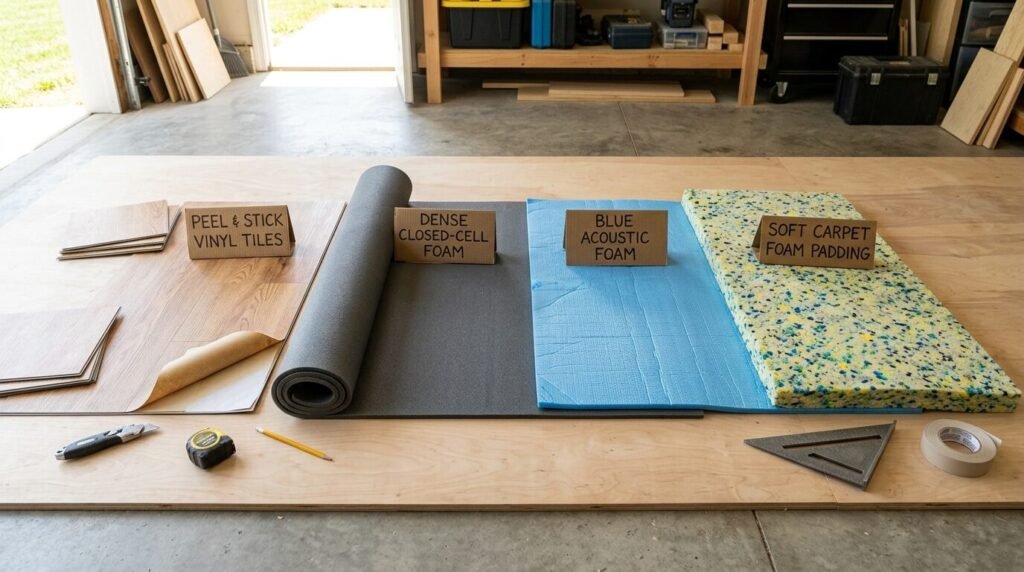 Different types of carpet padding and foam underlay beside peel and stick vinyl floor tiles.
