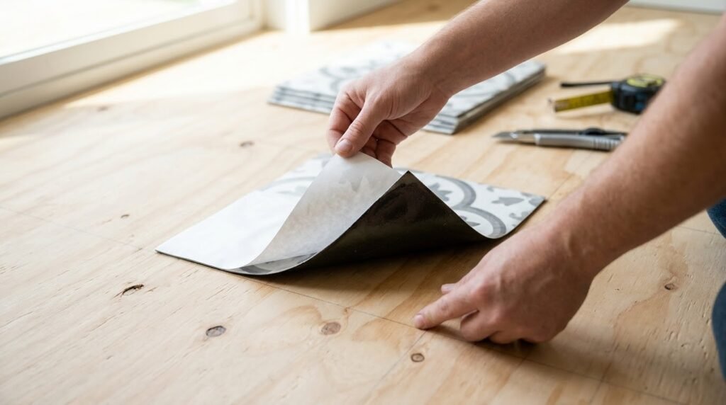 Person peeling back the protective paper backing from a patterned vinyl floor tile before placing it onto a wooden plywood floor.